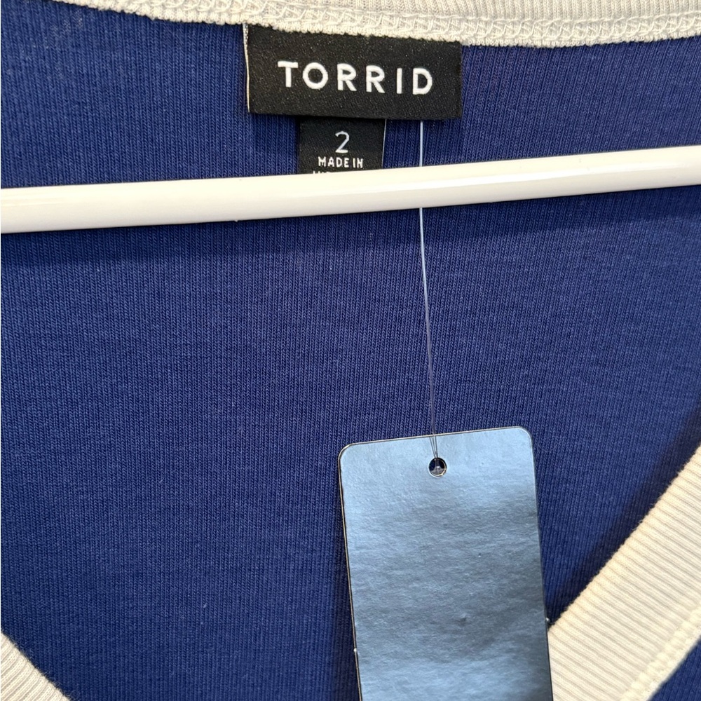 Torrid NWT Blue and White Ribbed Henley Varsity Long Sleeve Top - Picture 5 of 9
